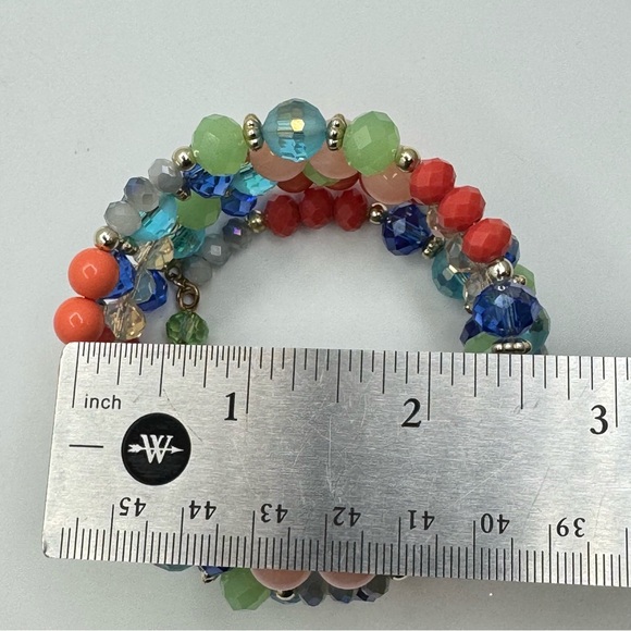 Multicolor Beaded Memory Wire Bracelet Crystal Glass Statement - Picture 5 of 7